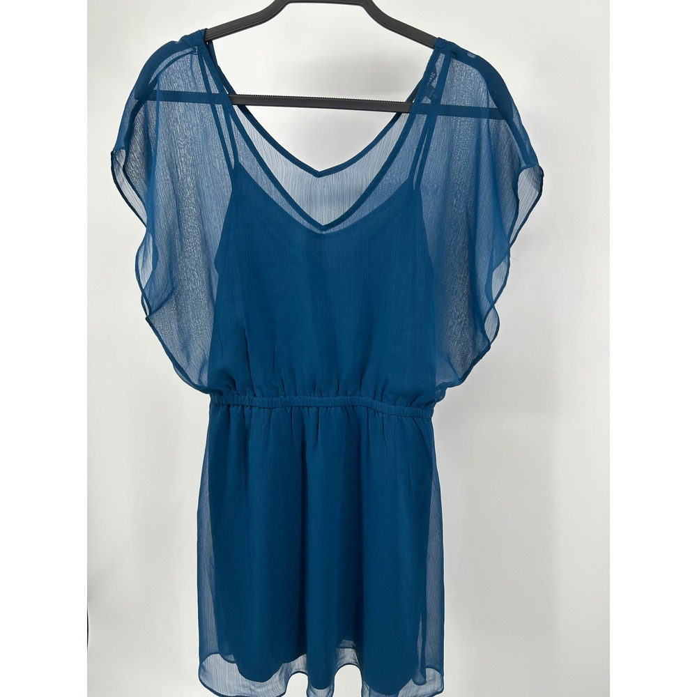 Express Teal Blue Chiffon Flutter Sleeve Elastic Waist V-Neck Mini Dress Medium‎ - Picture 2 of 8